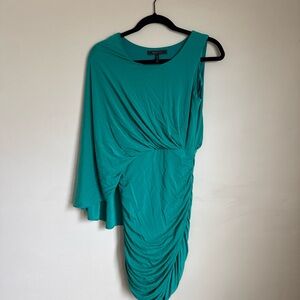 Vintage BCBGMAXAZRIA Teal Asymmetrical Ruched Mini Dress One Cape Sleeve S